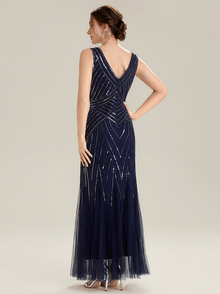 Deep V-Neck Sequin Sleeveless Evening Dress #color_Navy Blue