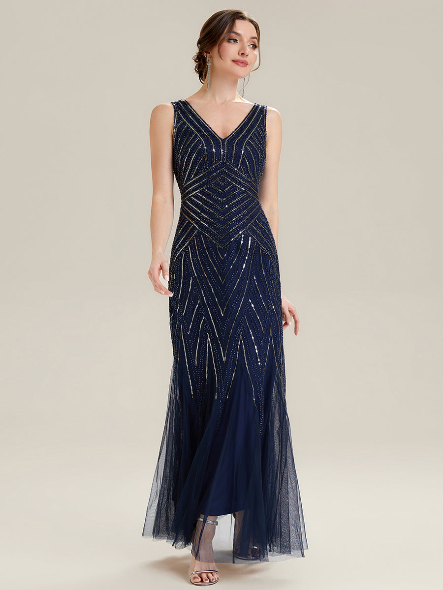 Deep V-Neck Sequin Sleeveless Evening Dress #color_Navy Blue