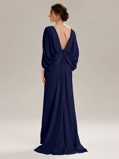 Tie-Front Knit Cape Sleeve Evening Dress #color_Navy Blue