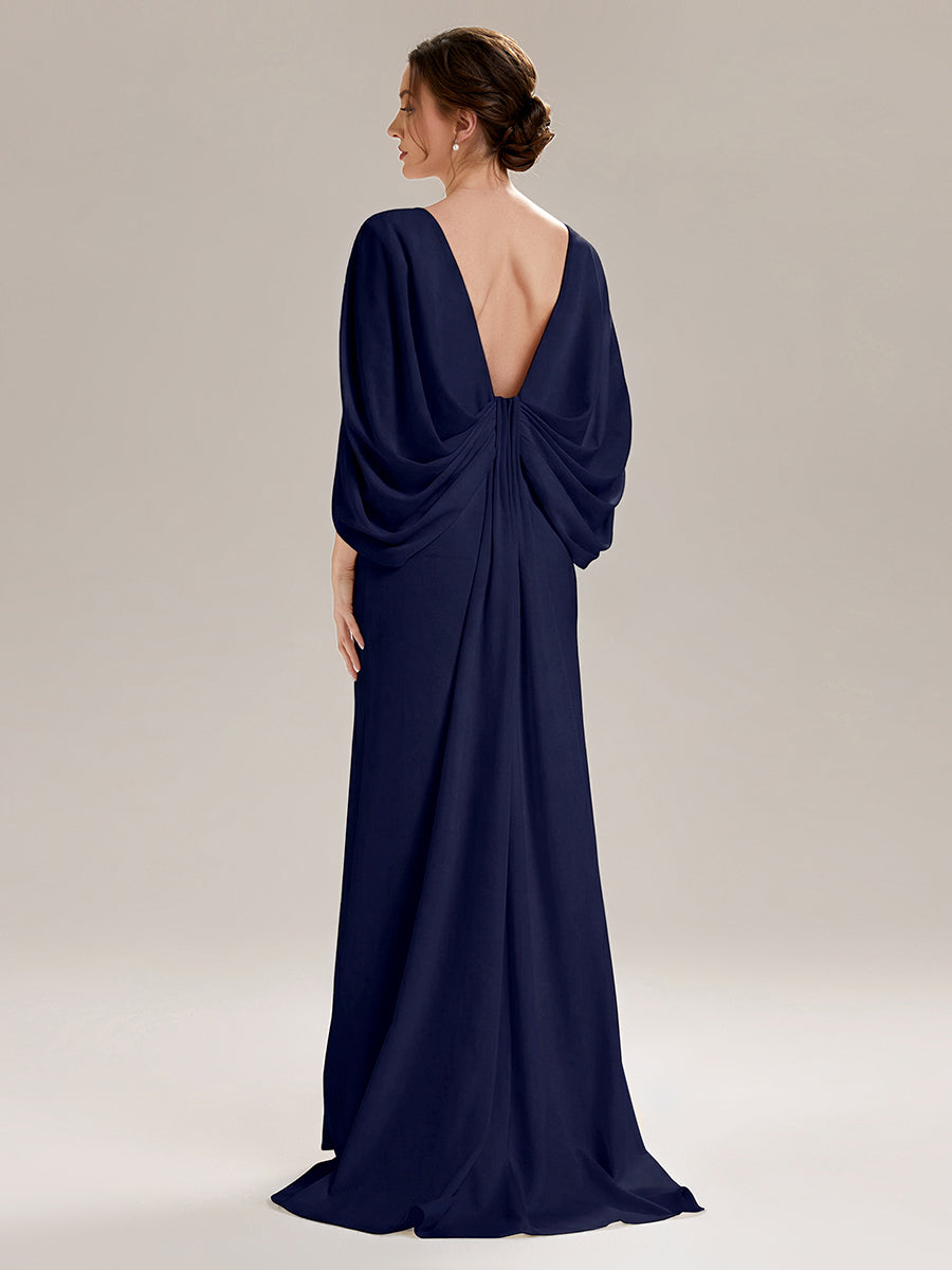 Tie-Front Knit Cape Sleeve Evening Dress #color_Navy Blue
