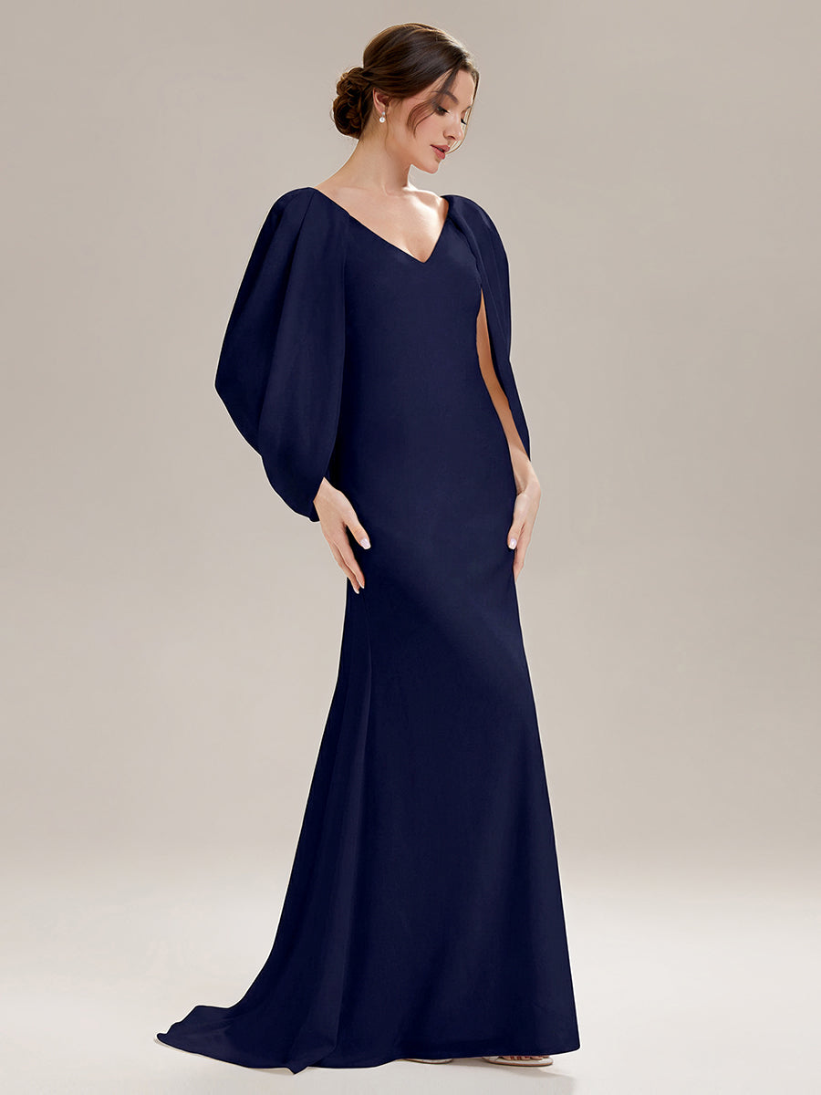 Tie-Front Knit Cape Sleeve Evening Dress #color_Navy Blue