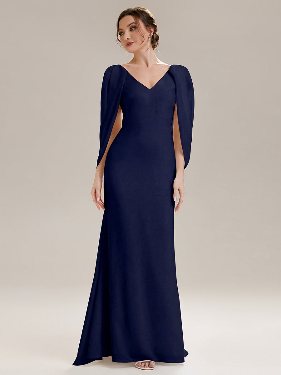 Tie-Front Knit Cape Sleeve Evening Dress #color_Navy Blue