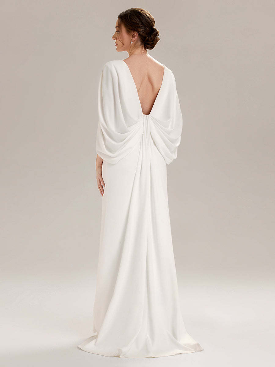 Tie-Front Knit Cape Sleeve Evening Dress #color_White