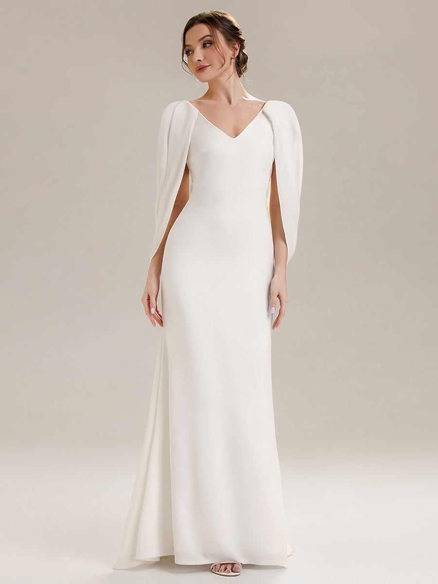 Tie-Front Knit Cape Sleeve Evening Dress #color_White
