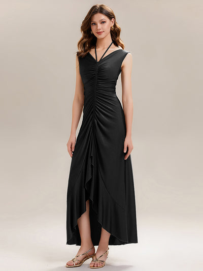 Ruched Asymmetric Hemline Flattering Evening Dress #color_Black