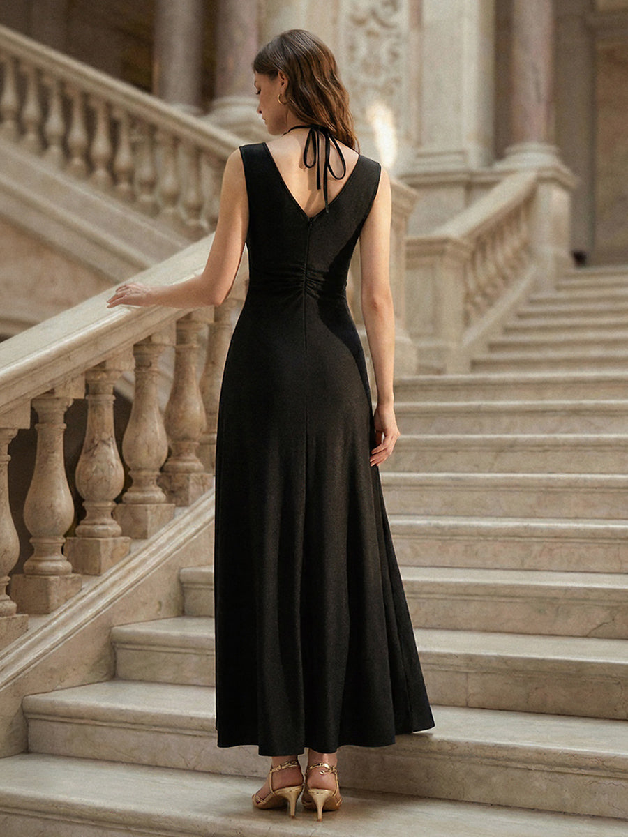 Ruched Asymmetric Hemline Flattering Evening Dress #color_Black
