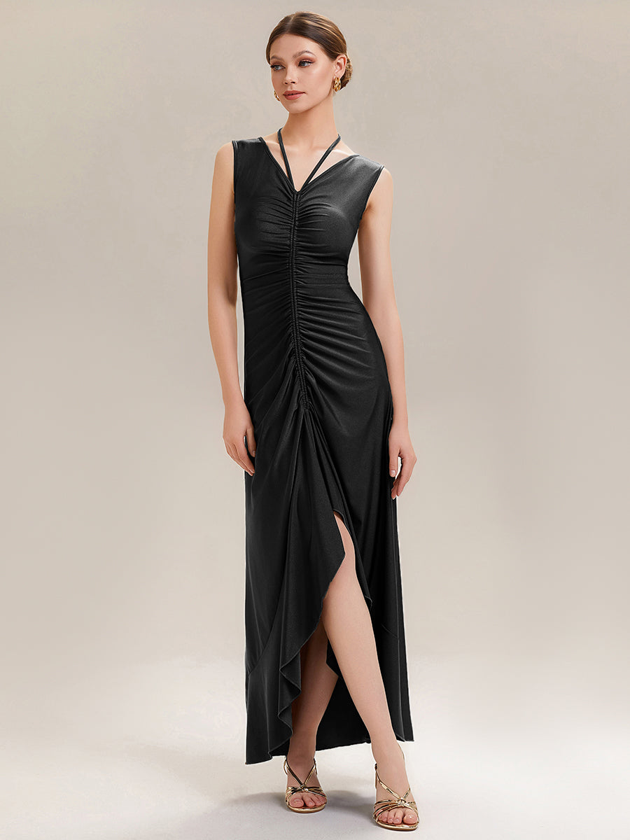 Ruched Asymmetric Hemline Flattering Evening Dress #color_Black