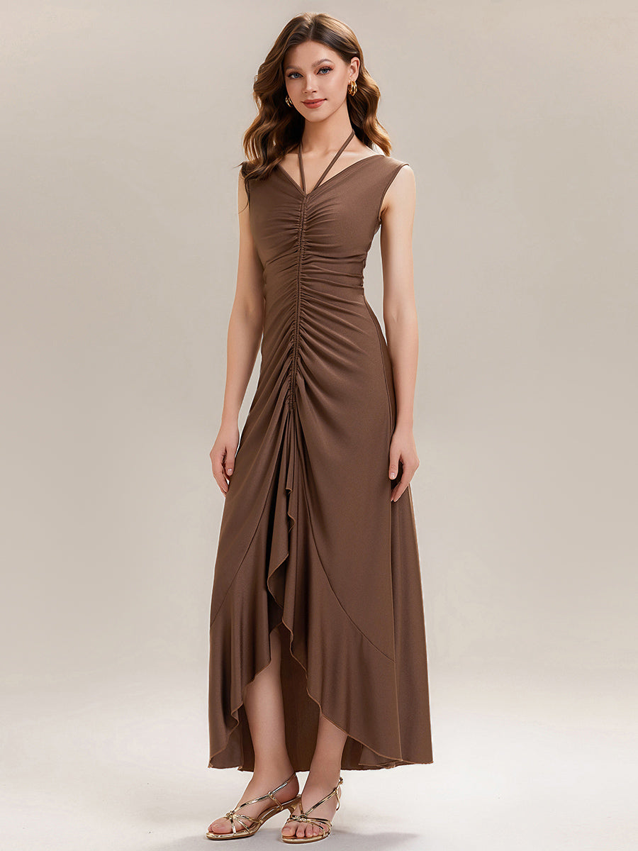 Ruched Asymmetric Hemline Flattering Evening Dress #color_Brown