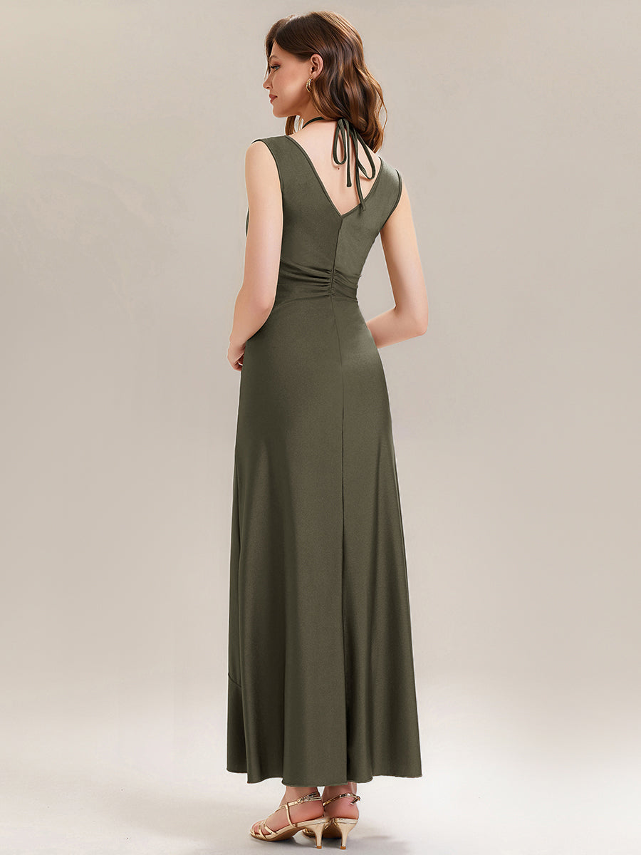 Ruched Asymmetric Hemline Flattering Evening Dress #color_Olive Green
