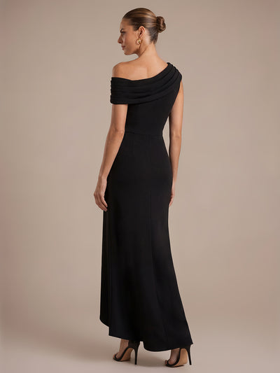 Crepe Off-the-shoulder Sleeve Mermaid Evening Dress #color_Black