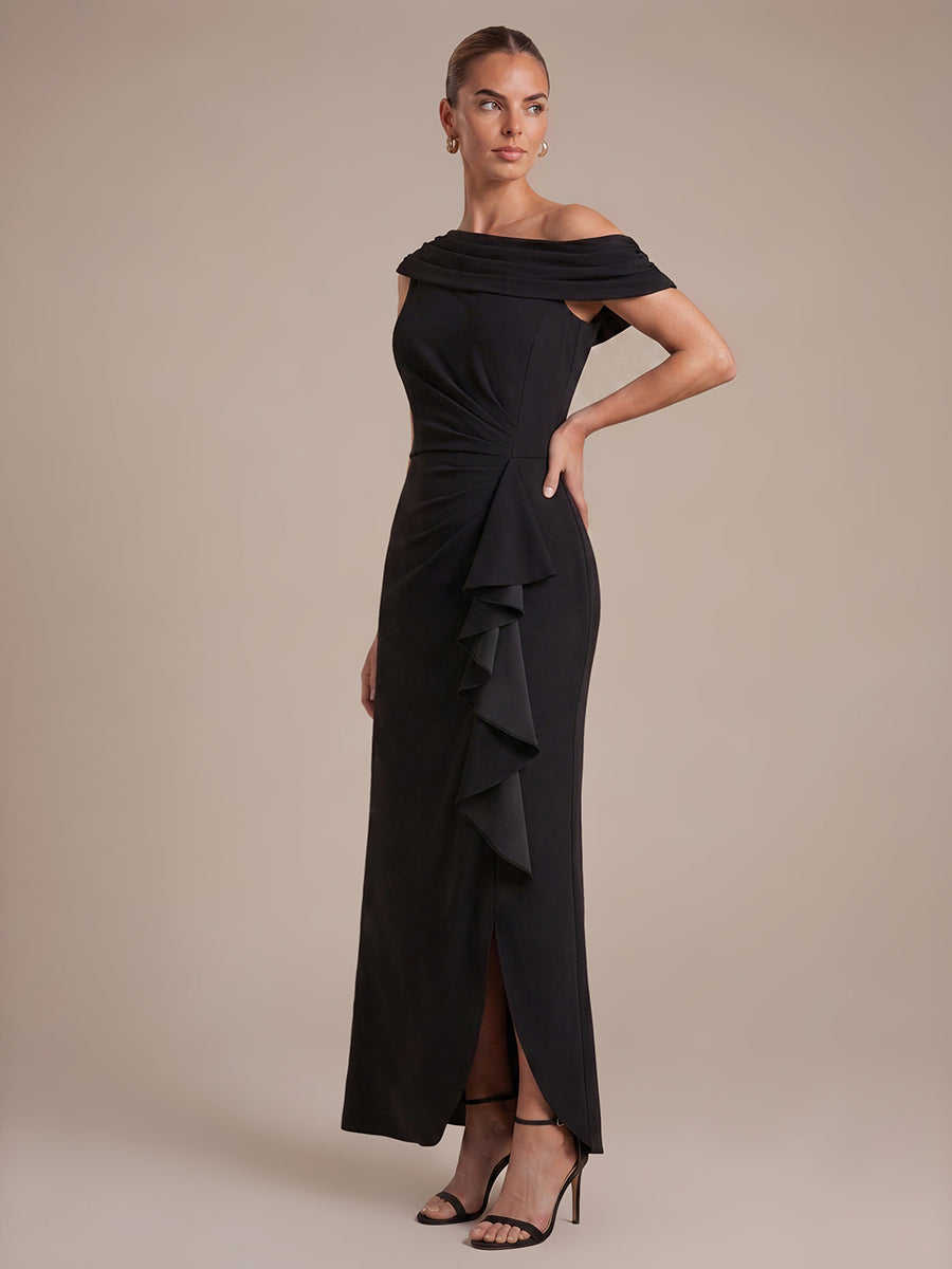 Crepe Off-the-shoulder Sleeve Mermaid Evening Dress #color_Black