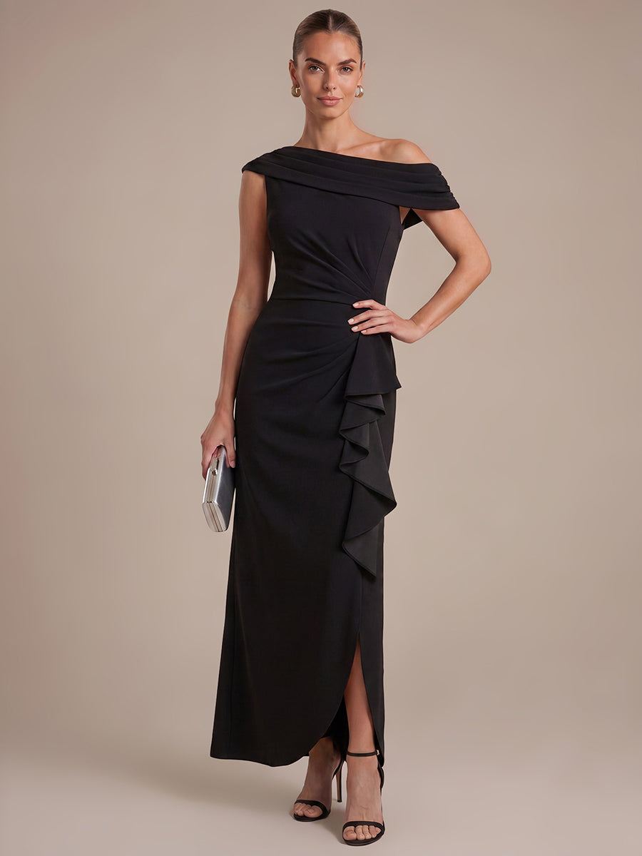 Crepe Off-the-shoulder Sleeve Mermaid Evening Dress #color_Black
