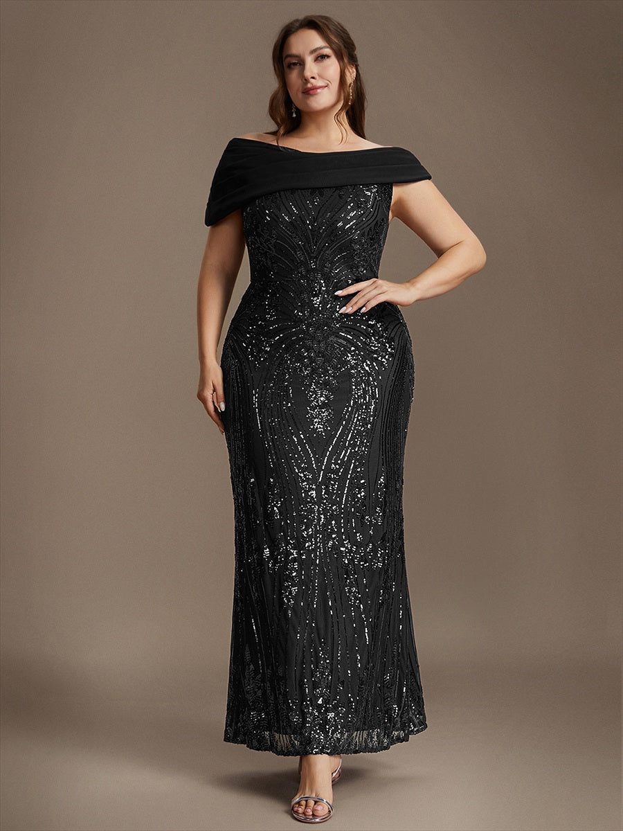 Sequin Off-the-shoulder Sleeve Evening Dress #color_Black