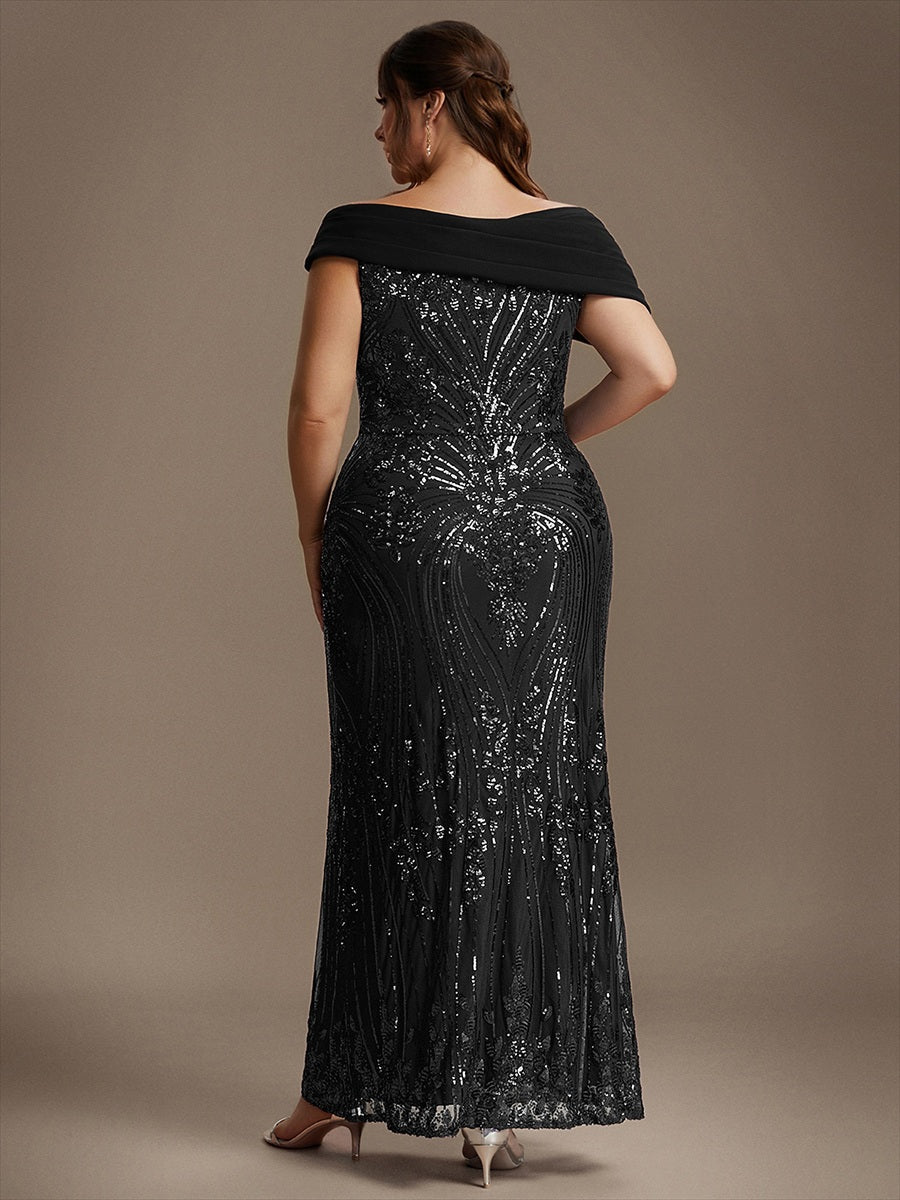Plus Size Sequin Off-the-shoulder Sleeve Evening Dress #color_Black