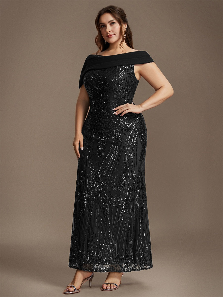 Sequin Off-the-shoulder Sleeve Evening Dress #color_Black