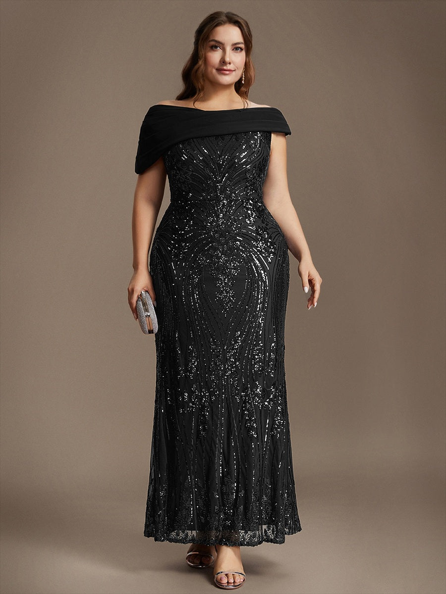 Sequin Off-the-shoulder Sleeve Evening Dress #color_Black