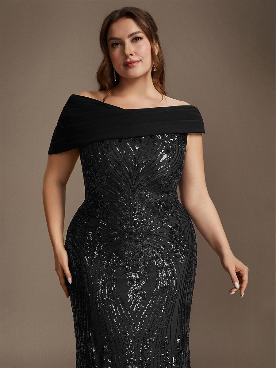 Plus Size Sequin Off-the-shoulder Sleeve Evening Dress #color_Black