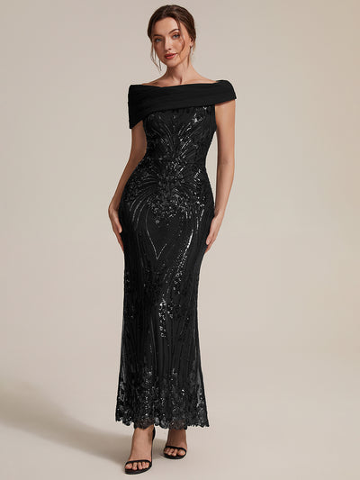 Sequin Off-the-shoulder Sleeve Evening Dress