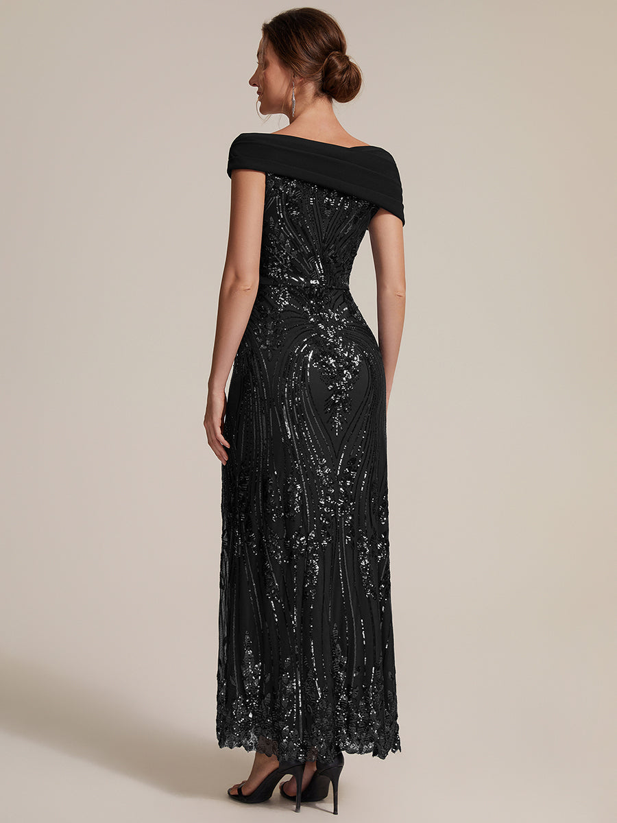 Sequin Off-the-shoulder Sleeve Evening Dress #color_Black