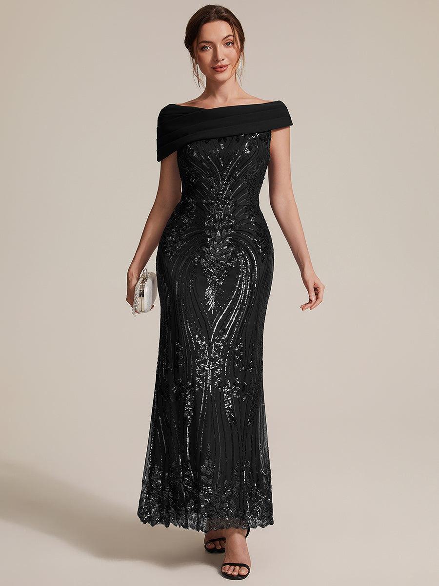 Sequin Off-the-shoulder Sleeve Evening Dress #color_Black