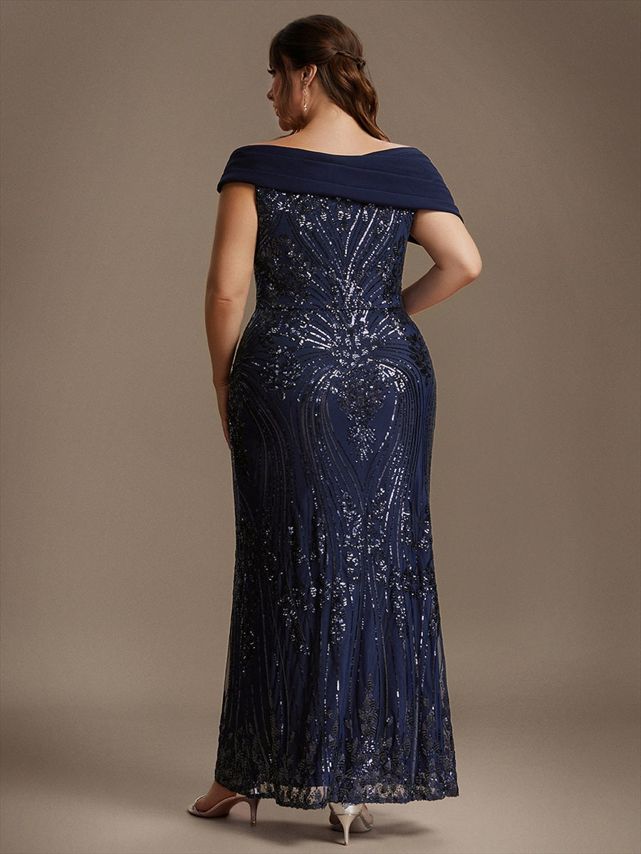 Plus Size Sequin Off-the-shoulder Sleeve Evening Dress #color_Navy Blue
