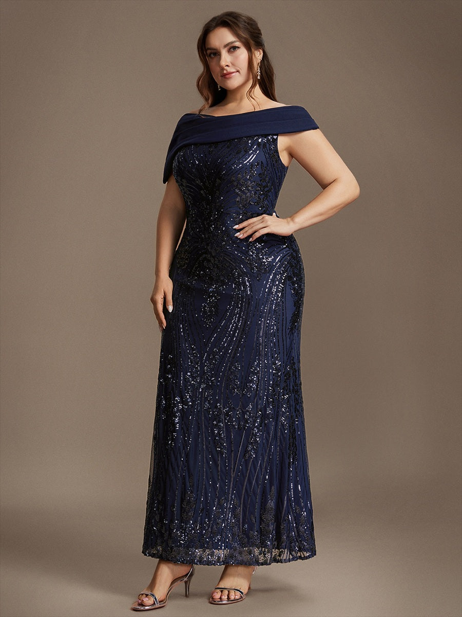 Plus Size Sequin Off-the-shoulder Sleeve Evening Dress #color_Navy Blue