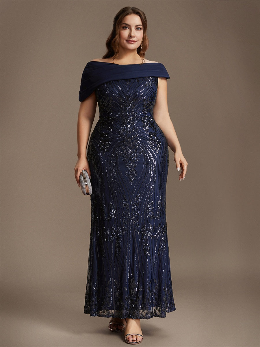 Plus Size Sequin Off-the-shoulder Sleeve Evening Dress #color_Navy Blue