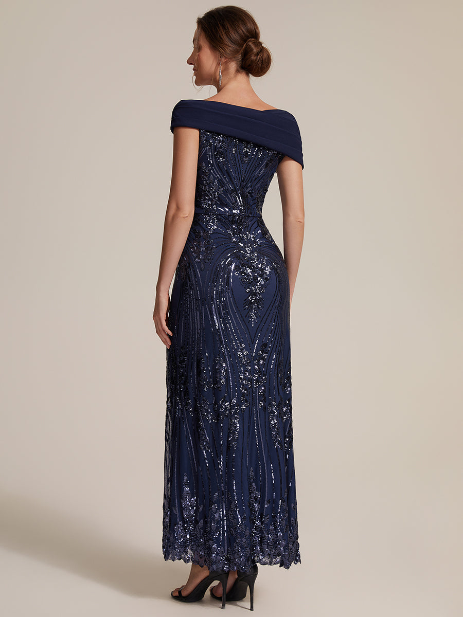 Sequin Off-the-shoulder Sleeve Evening Dress #color_Navy Blue