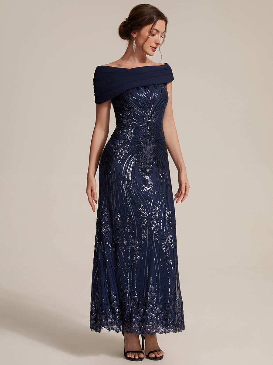 Sequin Off-the-shoulder Sleeve Evening Dress #color_Navy Blue