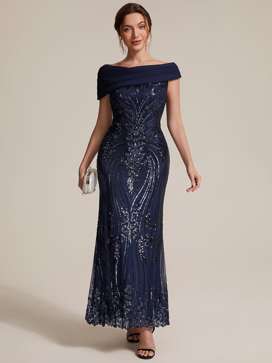 Sequin Off-the-shoulder Sleeve Evening Dress #color_Navy Blue