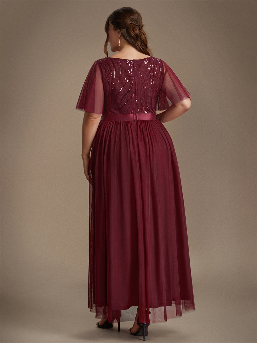 Plus Size Sequin See-Through Tulle Evening Dress #color_Burgundy