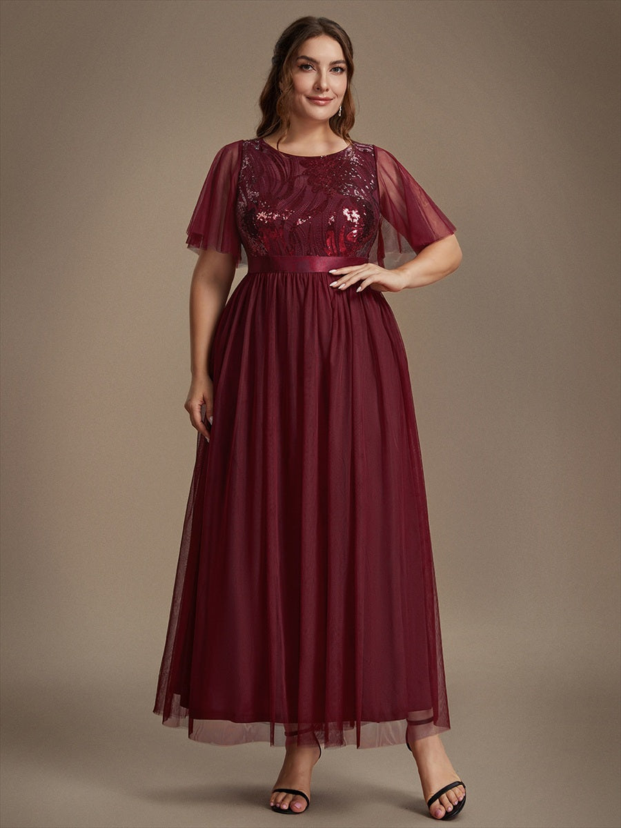 Plus Size Sequin See-Through Tulle Evening Dress #color_Burgundy