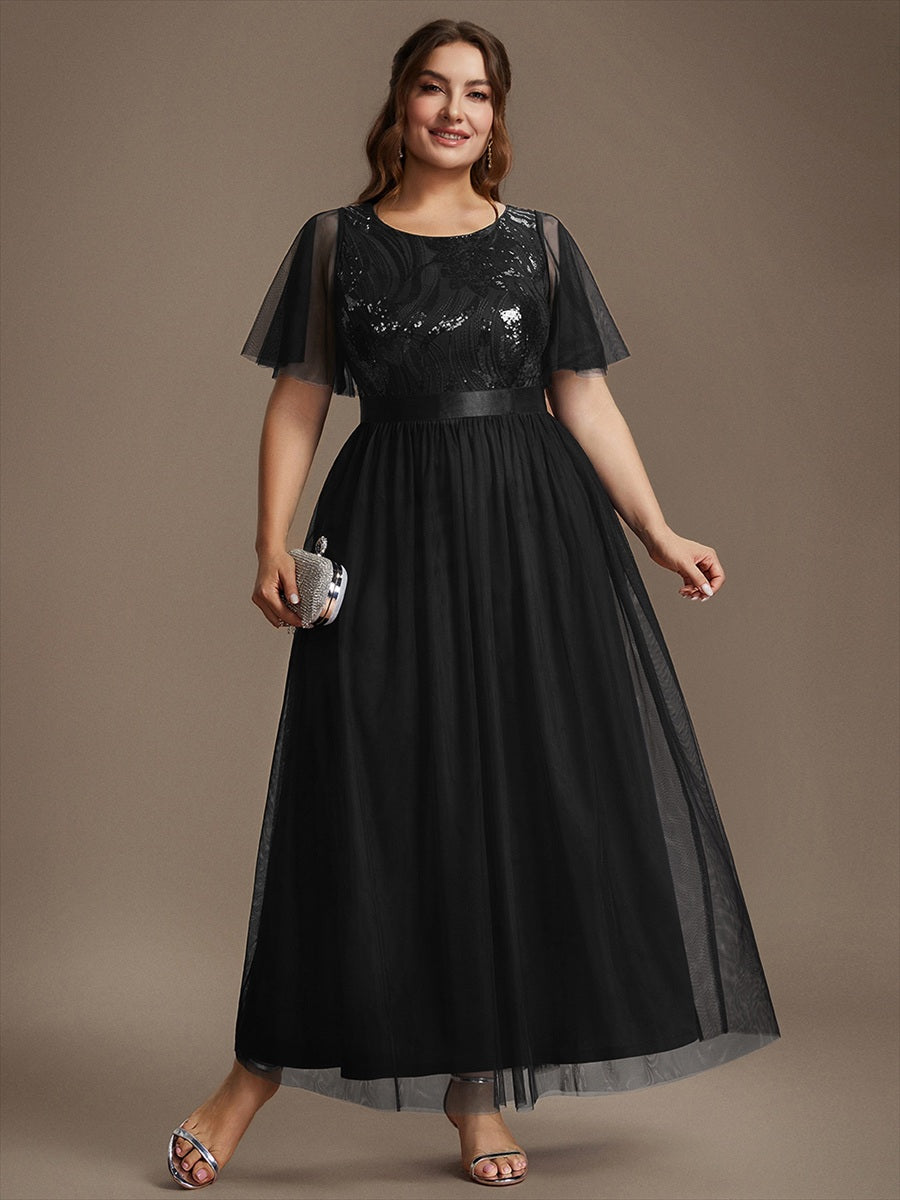 Sequin See-Through Ruffle Sleeve Evening Dress #color_Black