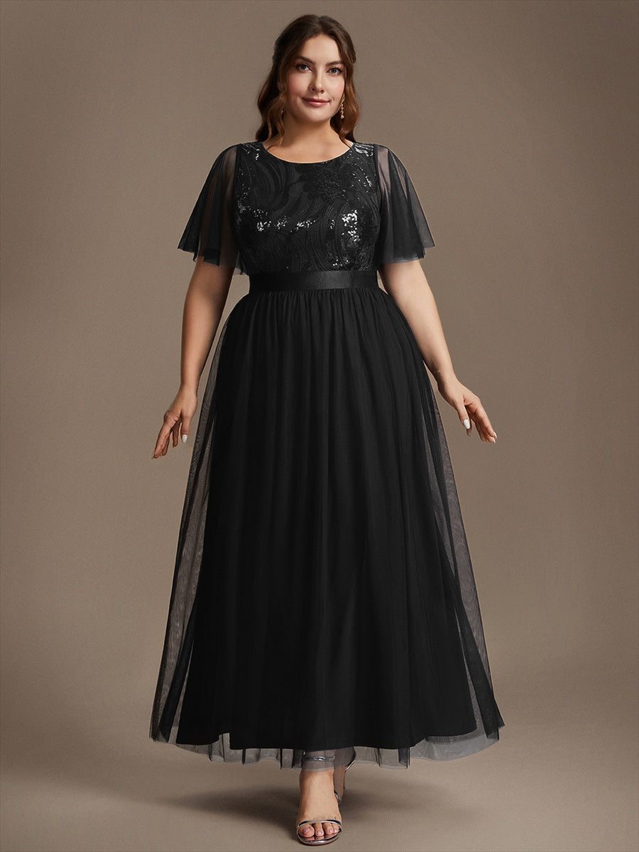 Sequin See-Through Ruffle Sleeve Evening Dress #color_Black