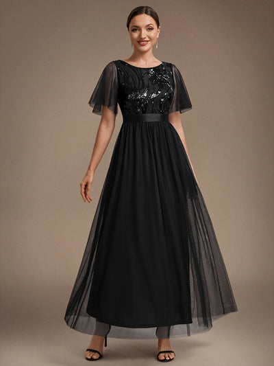 Sequin See-Through Ruffle Sleeve Evening Dress