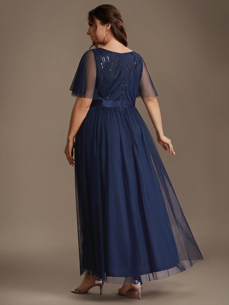 Sequin See-Through Ruffle Sleeve Evening Dress #color_Navy Blue