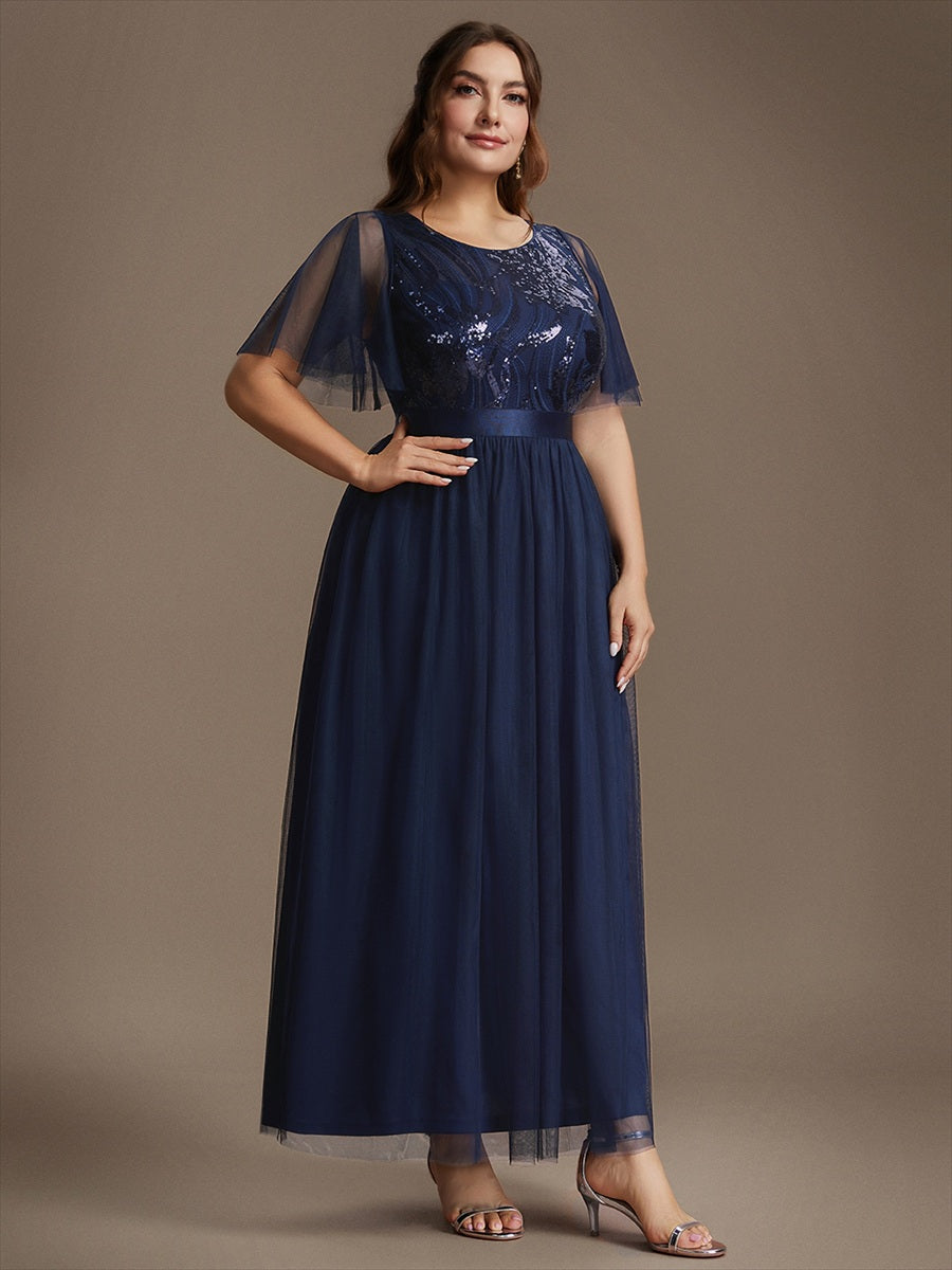 Sequin See-Through Ruffle Sleeve Evening Dress #color_Navy Blue