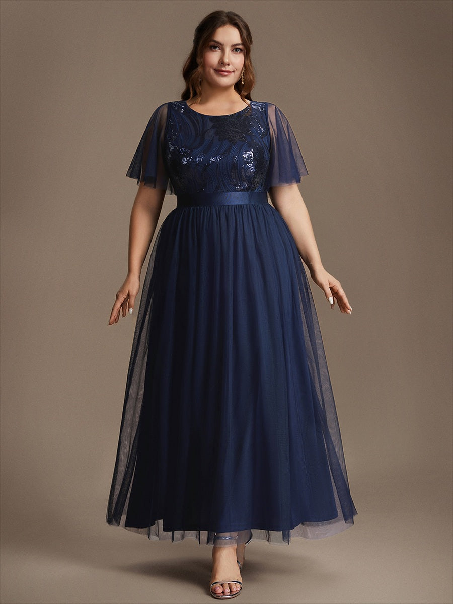 Sequin See-Through Ruffle Sleeve Evening Dress #color_Navy Blue