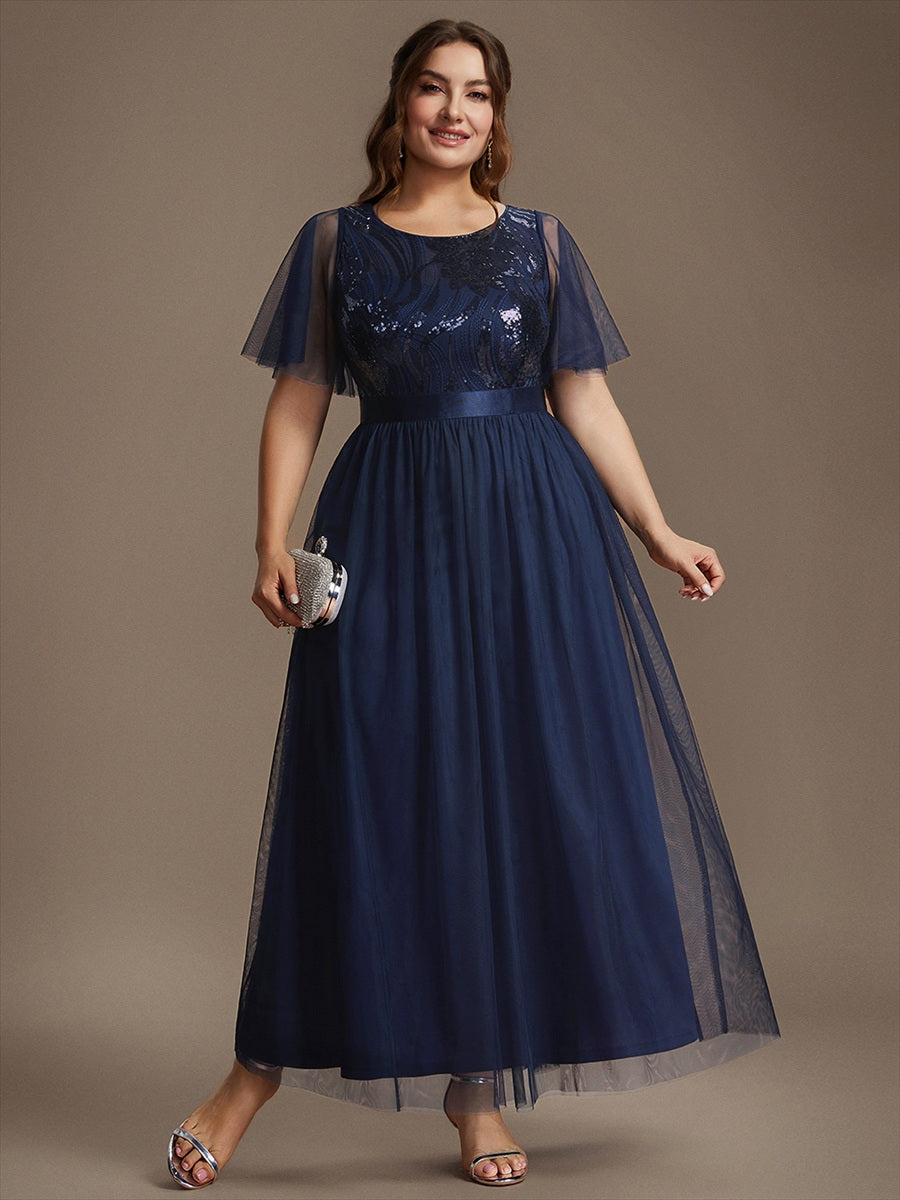 Plus Size Sequin See-Through Tulle Evening Dress #color_Navy Blue