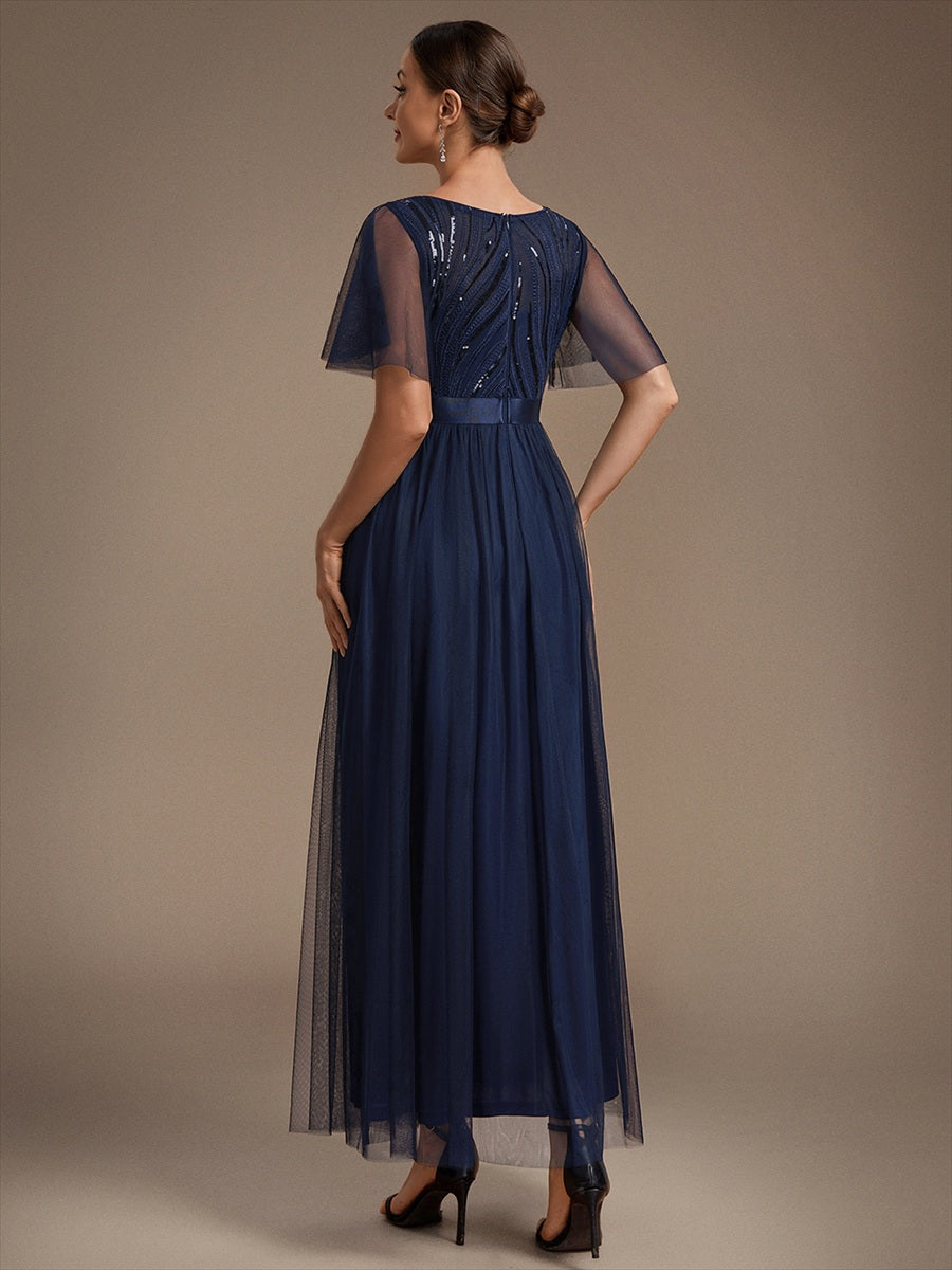 Sequin See-Through Ruffle Sleeve Evening Dress #color_Navy Blue