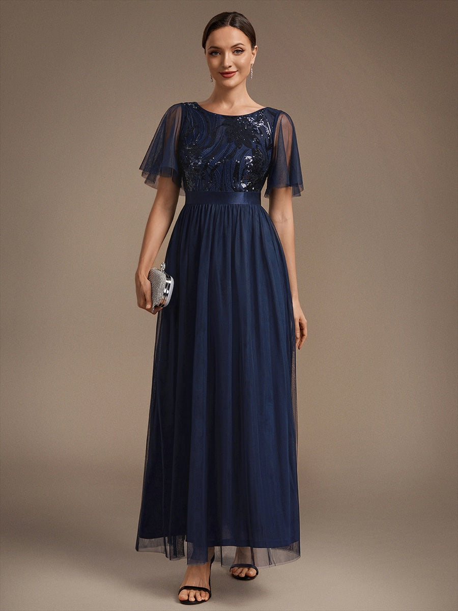 Sequin See-Through Ruffle Sleeve Evening Dress #color_Navy Blue