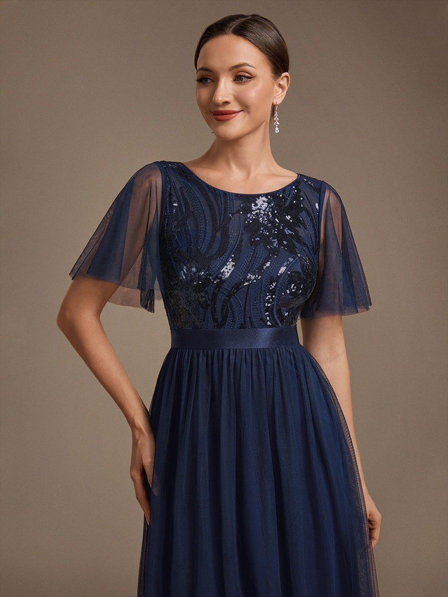 Sequin See-Through Ruffle Sleeve Evening Dress #color_Navy Blue