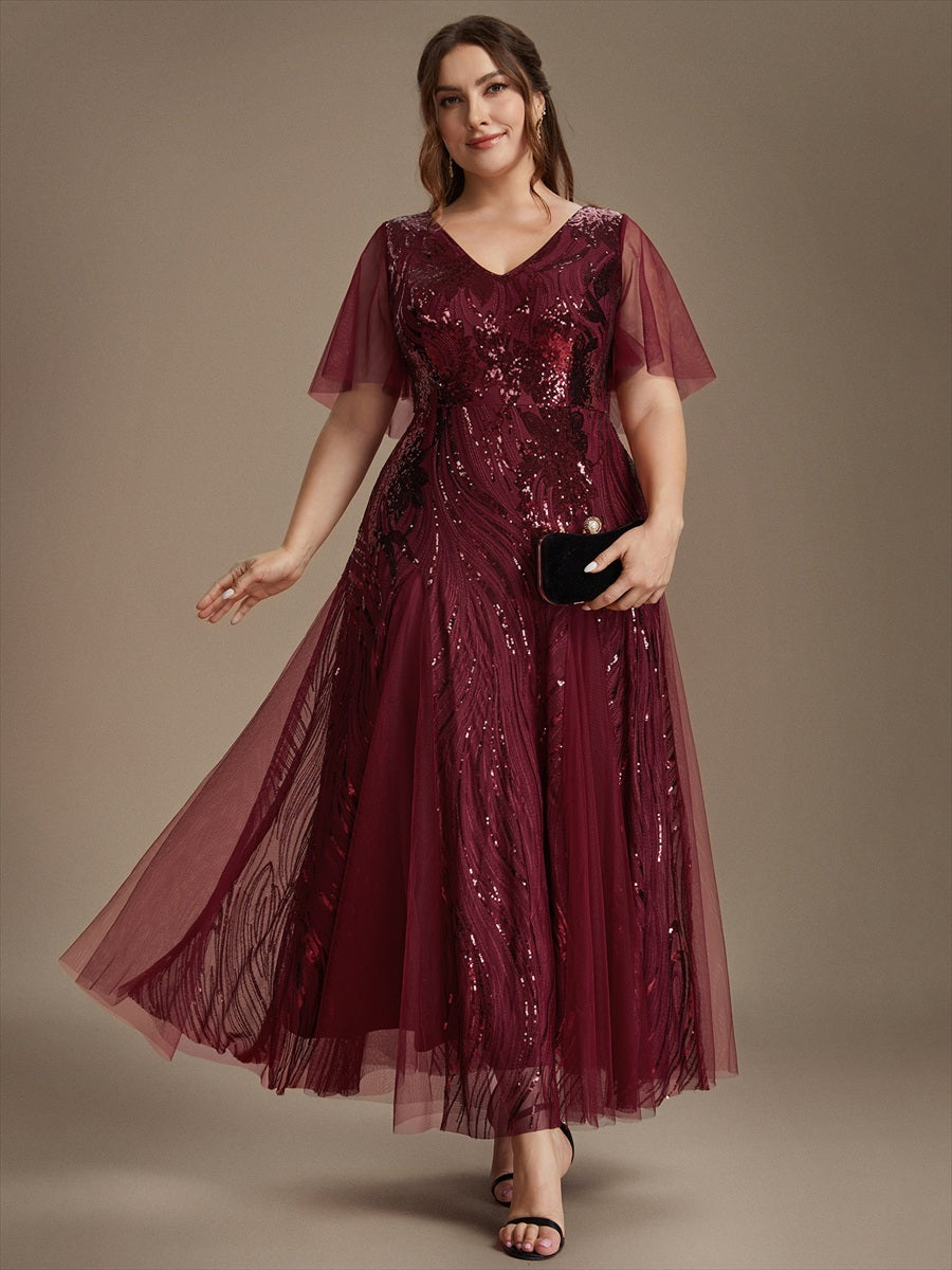 Sequin Tulle Ruffle Sleeve Maxi Evening Dress #color_Burgundy