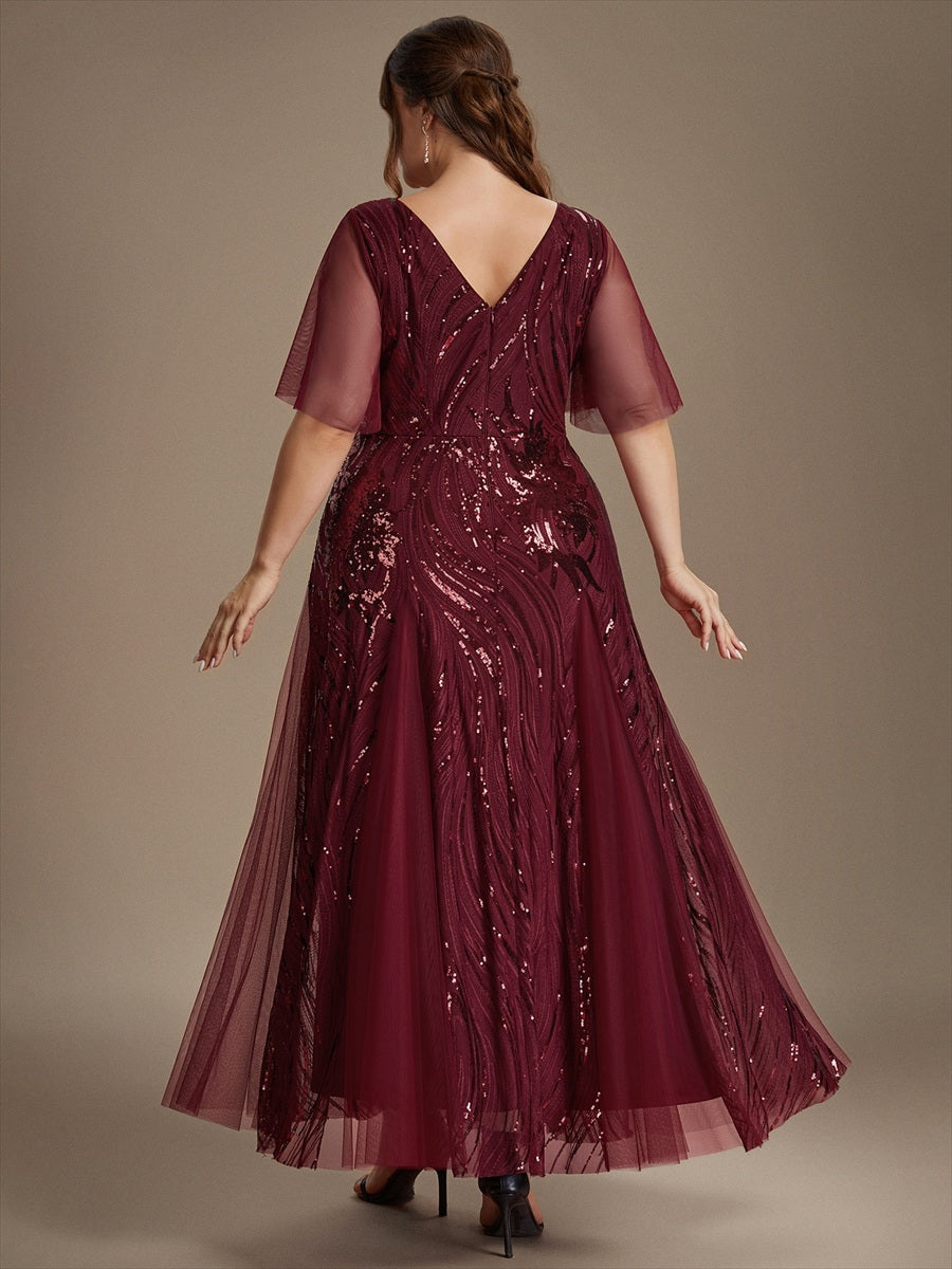 Sequin Tulle Ruffle Sleeve Maxi Evening Dress #color_Burgundy