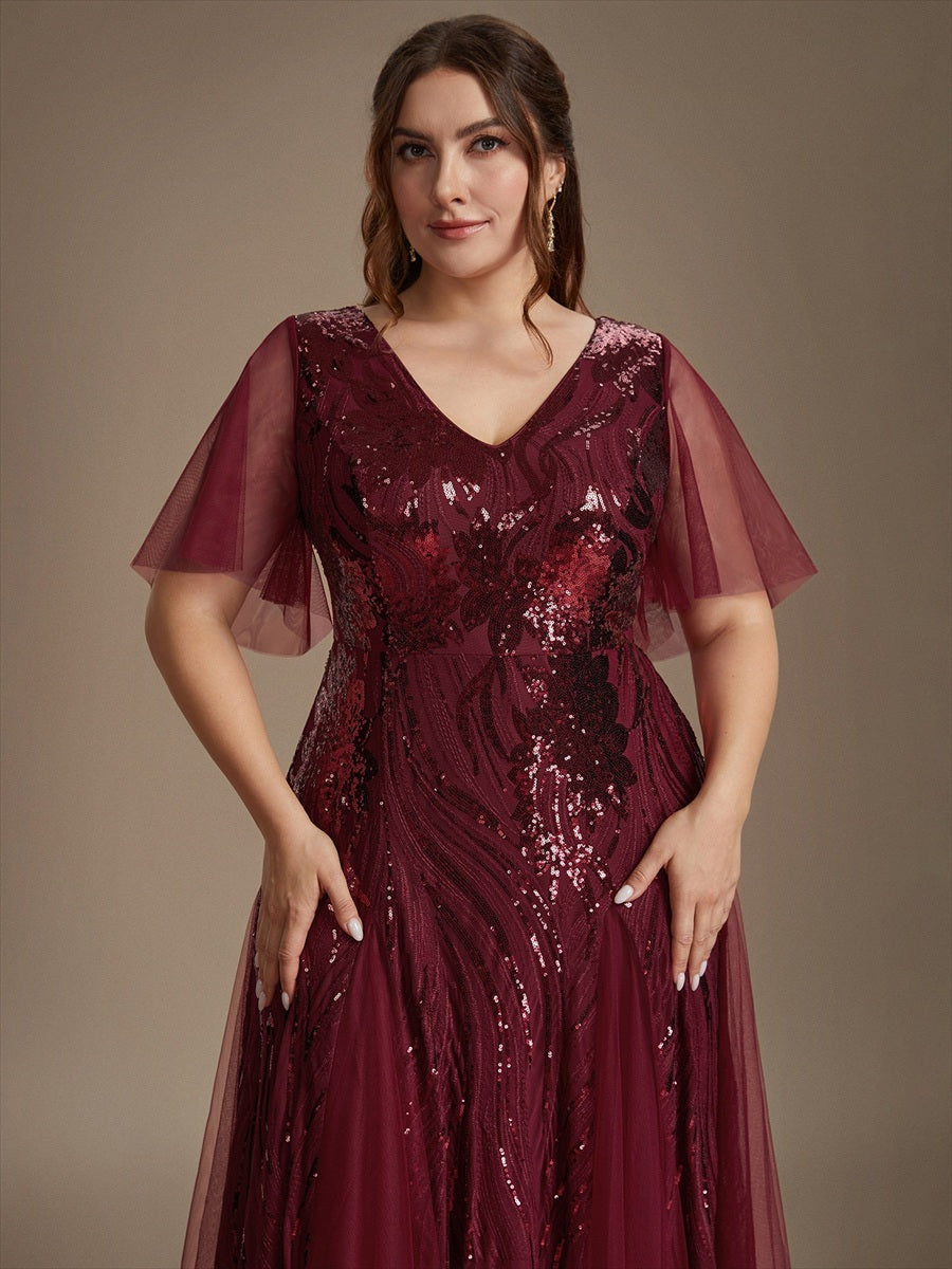 Sequin Tulle Ruffle Sleeve Maxi Evening Dress #color_Burgundy