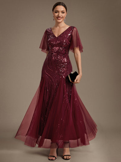 Sequin Tulle Ruffle Sleeve Maxi Evening Dress