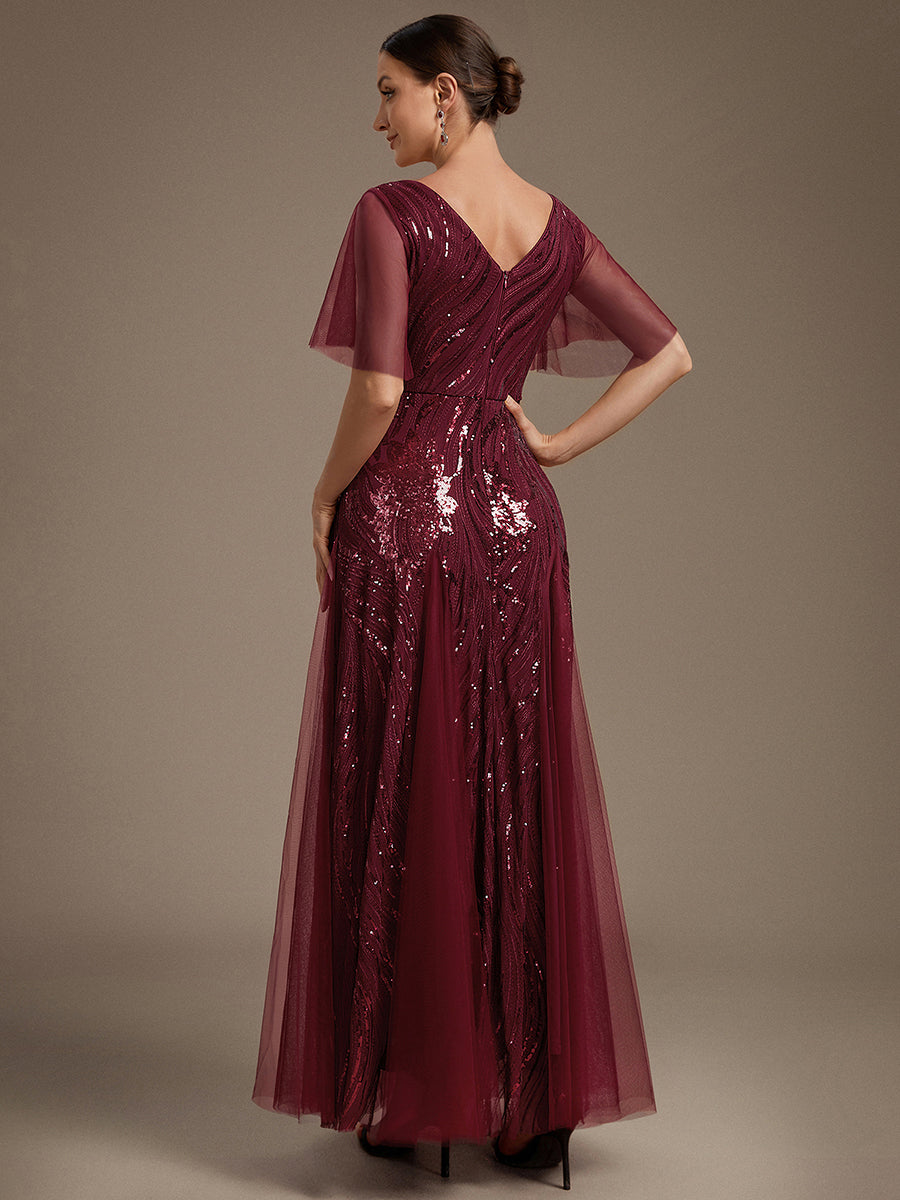 Sequin Tulle Ruffle Sleeve Maxi Evening Dress #color_Burgundy