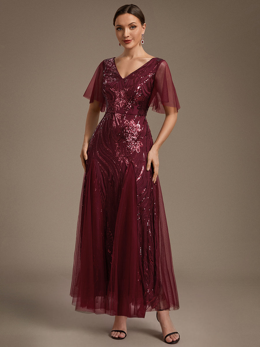 Sequin Tulle Ruffle Sleeve Maxi Evening Dress #color_Burgundy