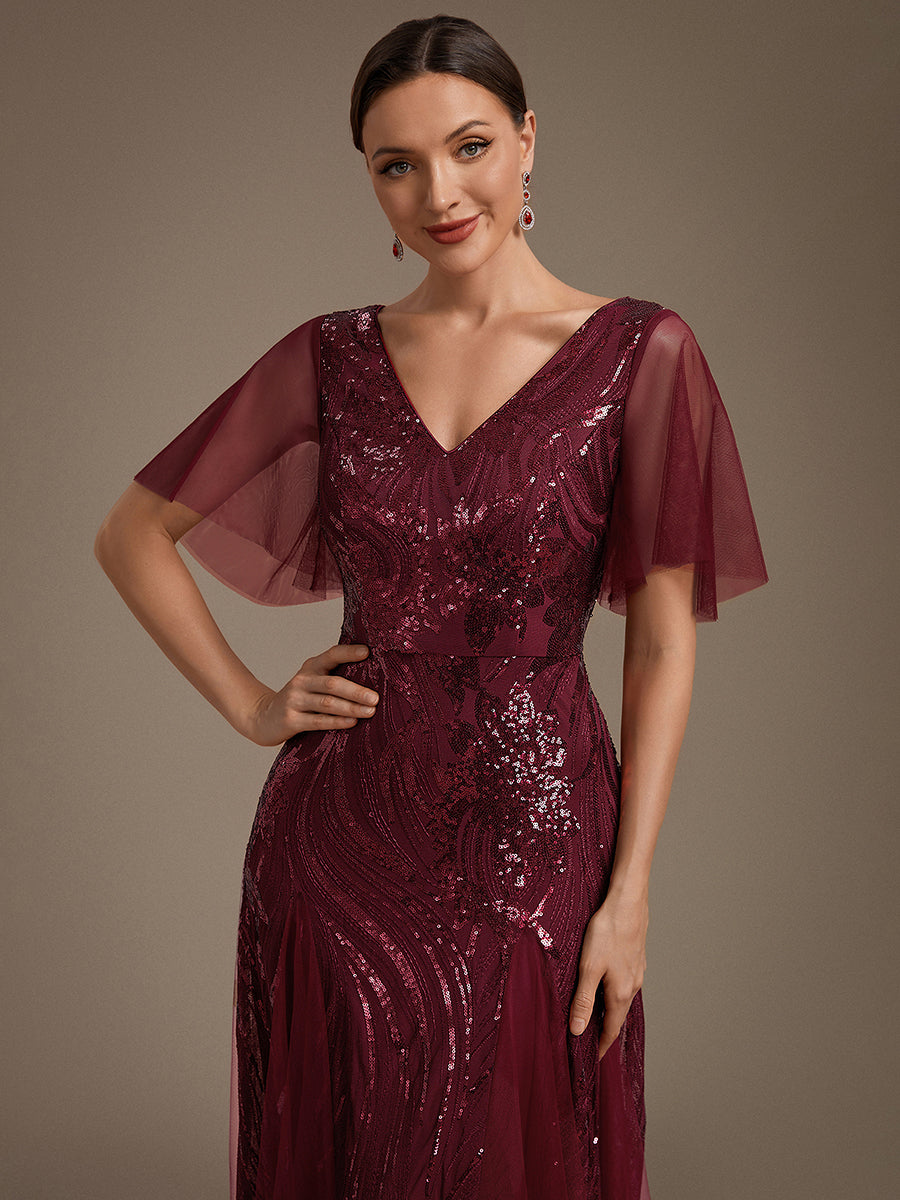 Sequin Tulle Ruffle Sleeve Maxi Evening Dress #color_Burgundy