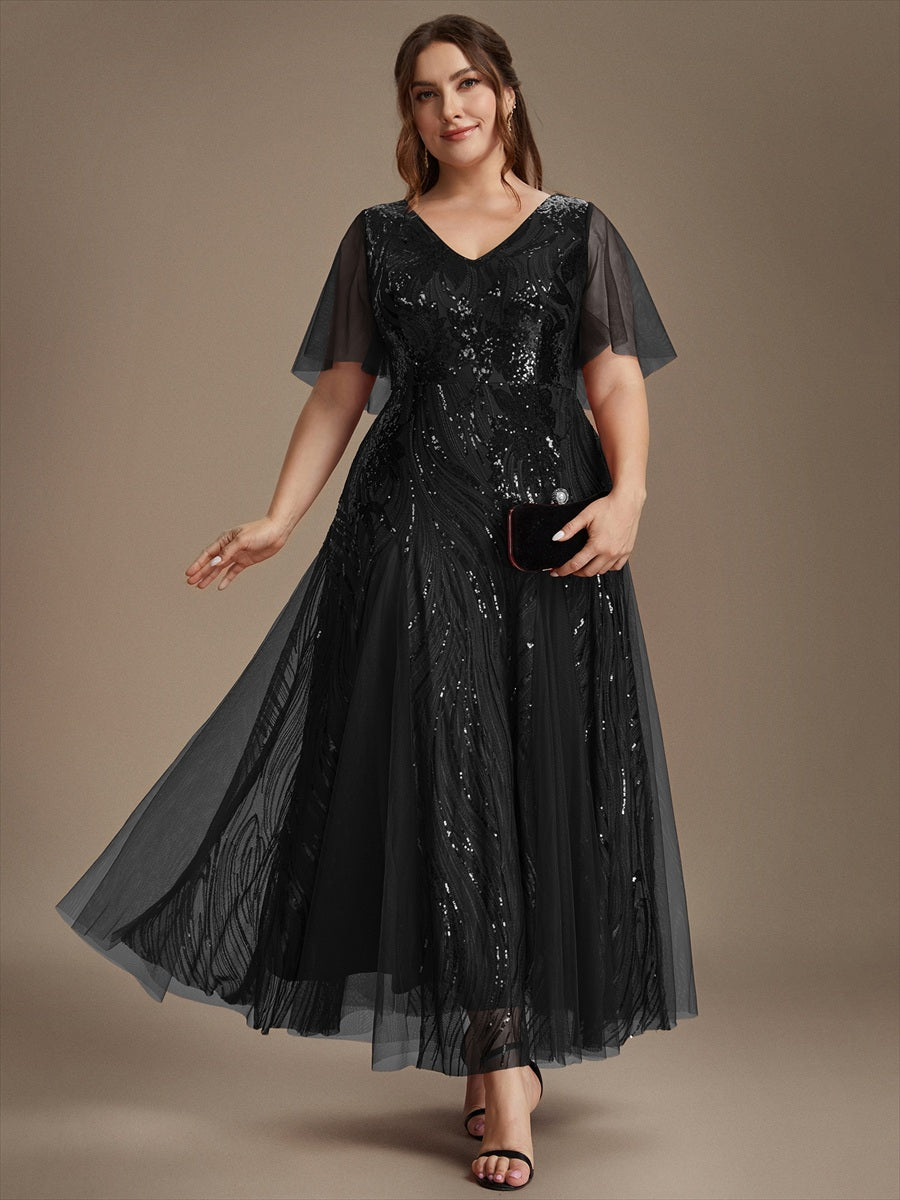 Plus Size Sequin Ruffle Sleeve Evening Dress #color_Black